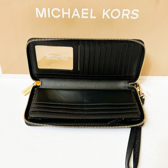 Michael Kors Jet Set Travel Large Continental Leather Wallet Black/Gold - Picture 6 of 10
